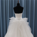 cheap off shoulder A line ruffle white modest wedding dress